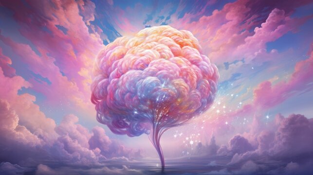  a painting of a tree with a colorful brain in the sky.  generative ai