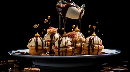  a plate of desserts with chocolate sauce being drizzled over them.  generative ai