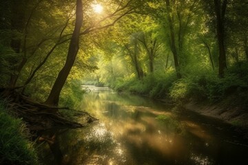Serene woods and river under sunlight. Generative AI