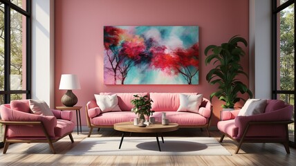 pink sofas and photos on the walls decorate the living room..