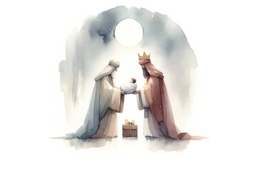 Nativity scene with Jesus and the wise men. Digital watercolor illustration - obrazy, fototapety, plakaty