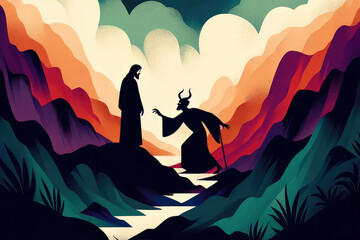 Jesus christ tempted by the devil. Colorful illustration  - obrazy, fototapety, plakaty