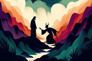 Fotobehang Jesus christ tempted by the devil. Colorful illustration  © Faith Stock