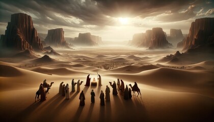 Scene of the three wise men in the desert - obrazy, fototapety, plakaty