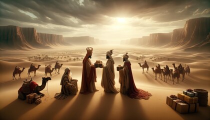 Three wise men with camels in the desert.  - obrazy, fototapety, plakaty
