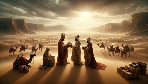 Three wise men with camels in the desert. 