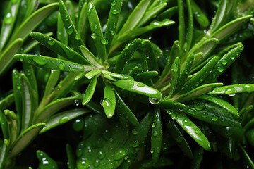 Obraz premium Close up of fresh rosemary with water drops, top view