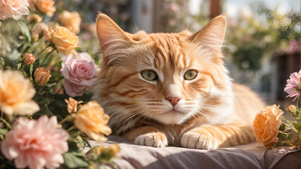 Cute Cat orange brown funny with beautifull flowers glow 3