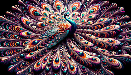 Hypnotic Digital Art of a Vibrant Peacock Displaying Its Mesmerizing Feathers in a Kaleidoscope of Colors