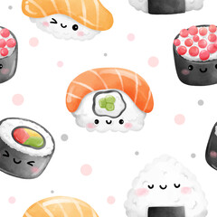 Seamless sushi on white Japanese food Printable for fabric