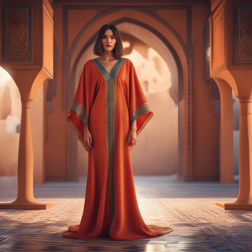 A women wear Moroccan Caftan Dress with background ai generative