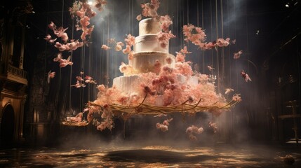  a large white cake with pink flowers on top of it.  generative ai