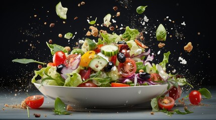  a salad with tomatoes, cucumbers, lettuce, olives and other vegetables.  generative ai
