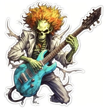 zombie bass guitar tattoo sticker illustration Halloween scary creepy horror crazy devil