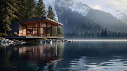  a cabin on a lake surrounded by mountains and trees with a table and chairs.  generative ai