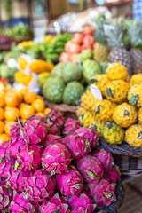 Fresh exotic fruits on famous market in Funchal Mercado dos Lavradores Madeira island, Portugal