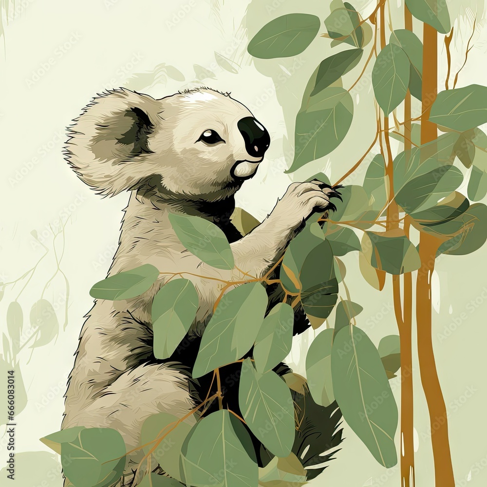 Poster a drawing of a koala sitting on a tree branch. generative ai