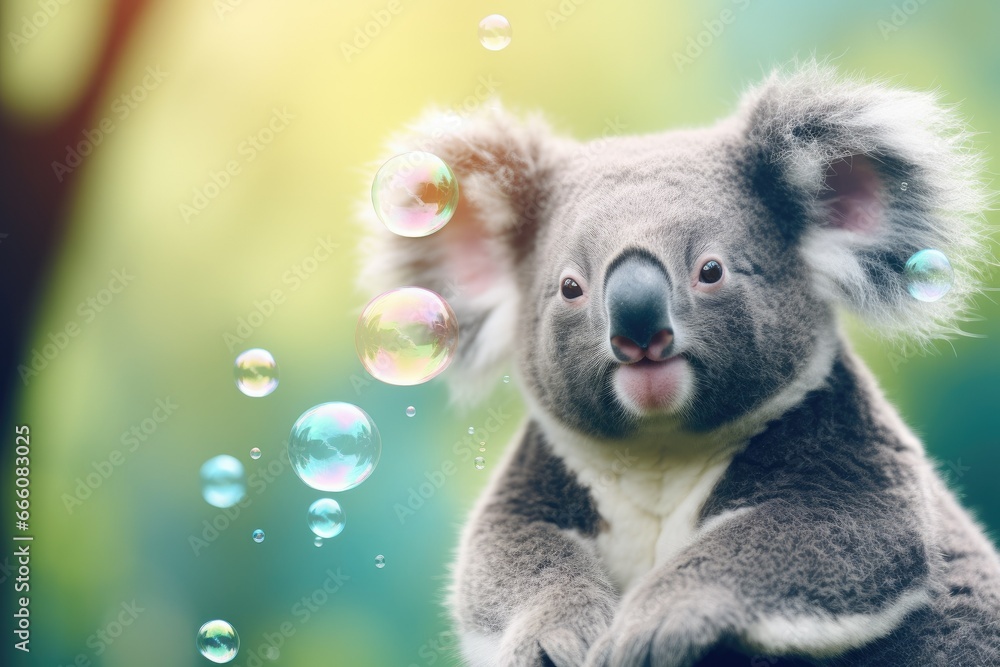Poster a koala is sitting on a tree branch with bubbles in the air. generative ai