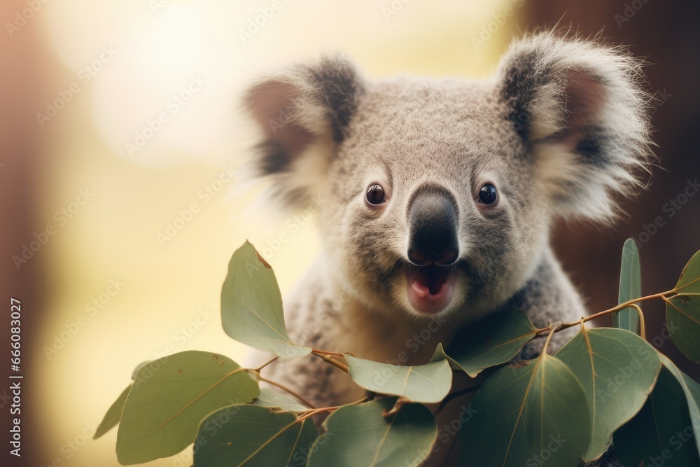 Poster a koala is sitting on a tree branch with its tongue out. generative ai