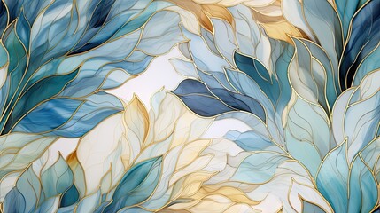  a painting of blue and yellow leaves on a white background.  generative ai