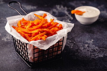 Sweet potato fries with blue cheese sauce.