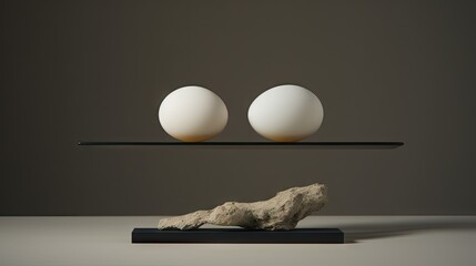  two eggs on a shelf with a rock on a table.  generative ai