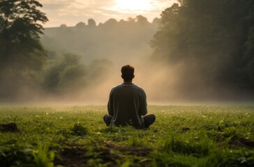 Man praying on field at sunrise