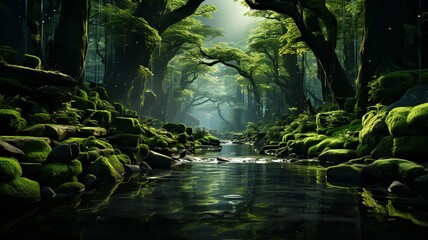a stream that flows through an abundantly green woodland..