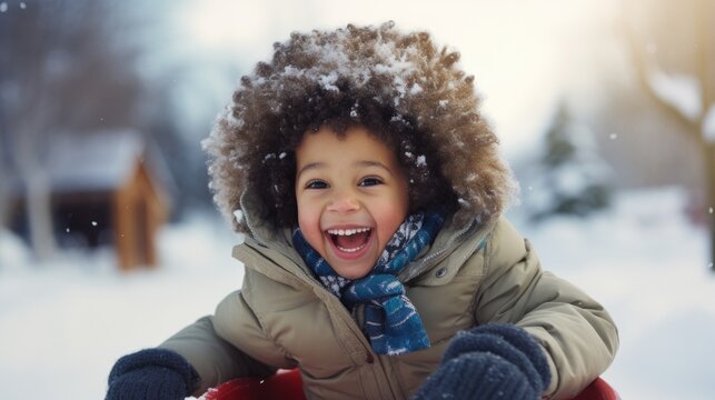 Happy Biracial Child Plays In The Snow On A Winter Day. Kid Laughs While Sledding. African American Toddler In Snowsuit With Hat And Snowflakes.