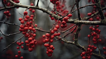 Fototapeta na wymiar a bunch of red berries hanging from a tree branch in a forest. generative ai