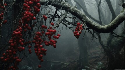  a bunch of berries hanging from a tree in the woods.  generative ai