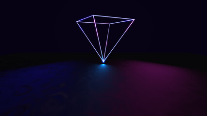 3d rendered neon triangle in the dark with empty space.