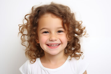 A Studio Photo of A Little Smiling Girl With Curly Blonde Hair