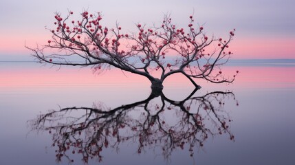  a tree with red leaves is reflected in the still water.  generative ai