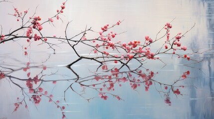  a painting of a branch with pink flowers reflected in water.  generative ai