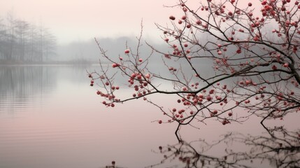  a tree with red berries in front of a body of water.  generative ai