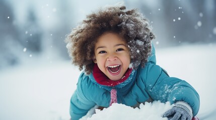 Happy biracial child plays in the snow on a winter day. Kid laughs while sledding. African American Toddler in snowsuit with hat and snowflakes.