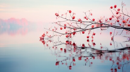  a tree branch with red berries hanging from it's branches.  generative ai
