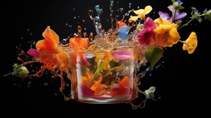  a glass filled with water and colorful flowers on a black background.  generative ai