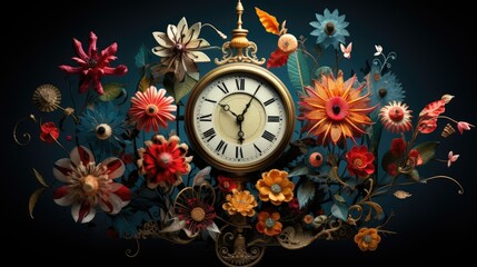  a clock surrounded by flowers on a black background with a gold frame.  generative ai