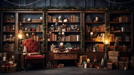 Christmas wooden bookshelf - obrazy, fototapety, plakaty