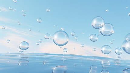  a group of bubbles floating in the air over water with a blue sky in the background.  generative ai