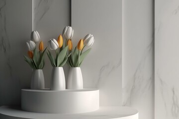 White podium with tulips, modern background, 3D render. Generative AI