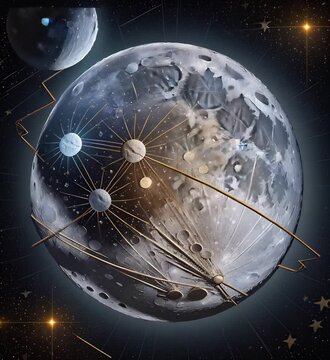 Image of the moon, with some lights and stars
in the style of ray tracing, gray and bronze, bold colors, marks, alien worlds, marble, hyper - detailed illustrations