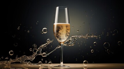  a glass of champagne with bubbles on a black background with a splash of water.  generative ai - obrazy, fototapety, plakaty