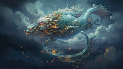  a painting of a dragon flying through the sky with clouds.  generative ai