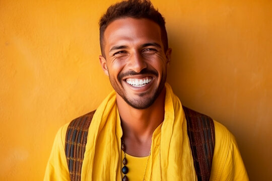 happy Moroccan man with typical moroccan tunic standing against yellow wall