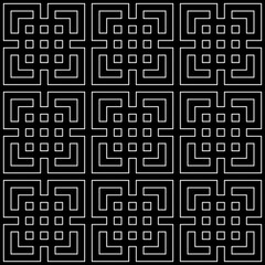 Seamless Chinese window tracery surface pattern design. Repeated white squares, angle brackets on black background. Ancient ethnic ornament wallpaper. Oriental motif, textile print. Vector art.