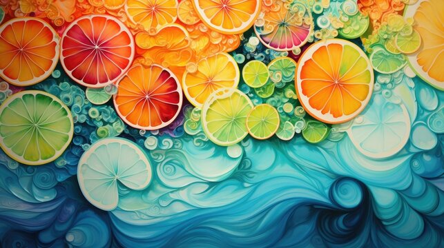  a painting of oranges and limes on a blue background.  generative ai
