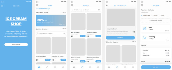 Ice Cream Ecommerce, Bakery Store and Cake Shop Mobile App UI Kit Template